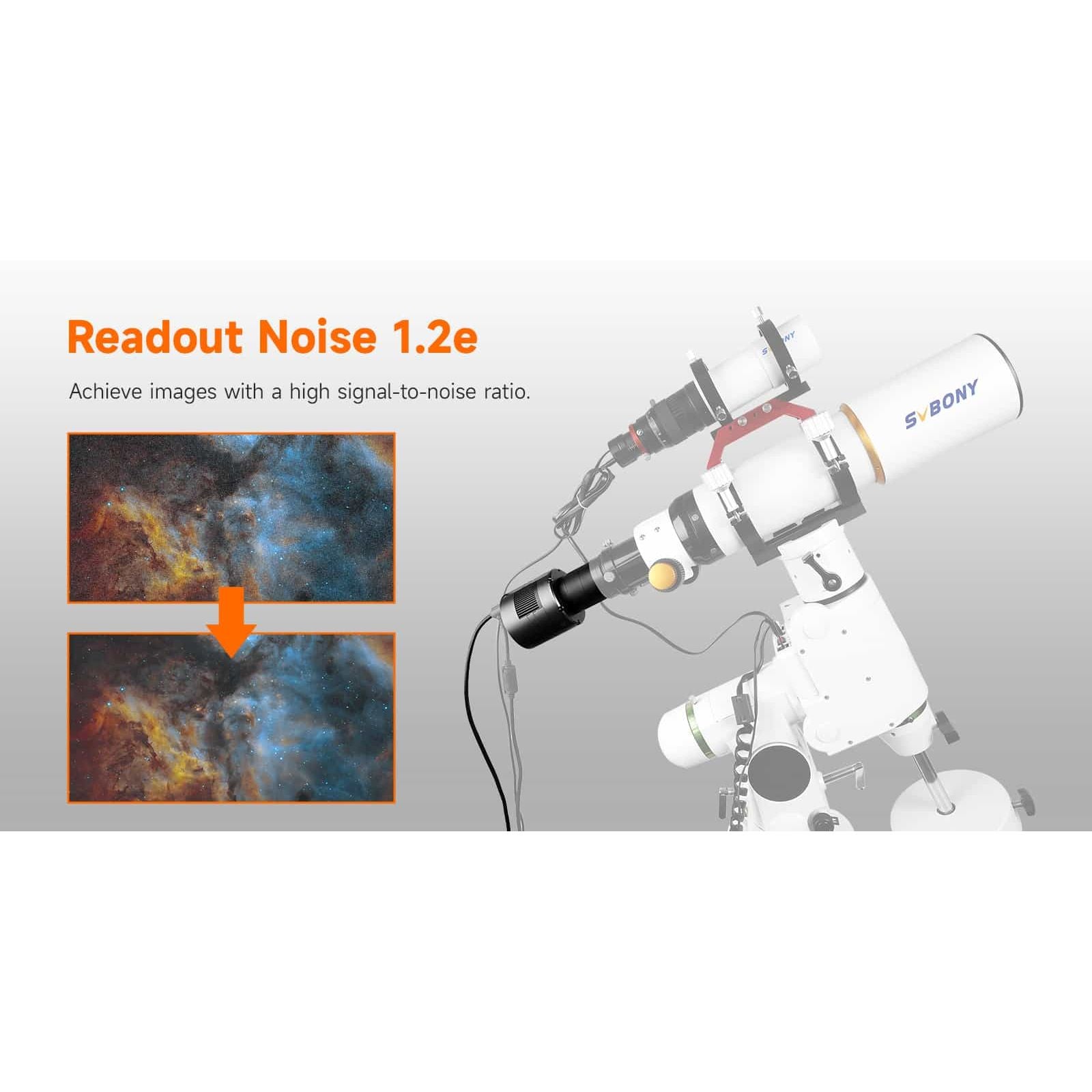 SV405CC Cooled Colour OSC Camera  and 'Readout Noise 1.2e' text, showing before and after images of a nebula.