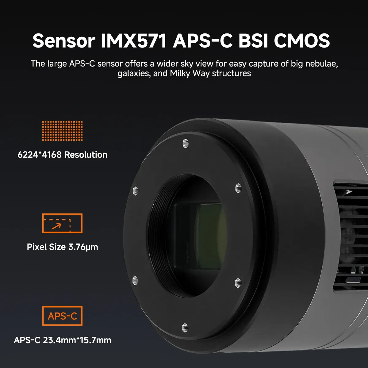 Camera sensor with technical specifications on a dark background