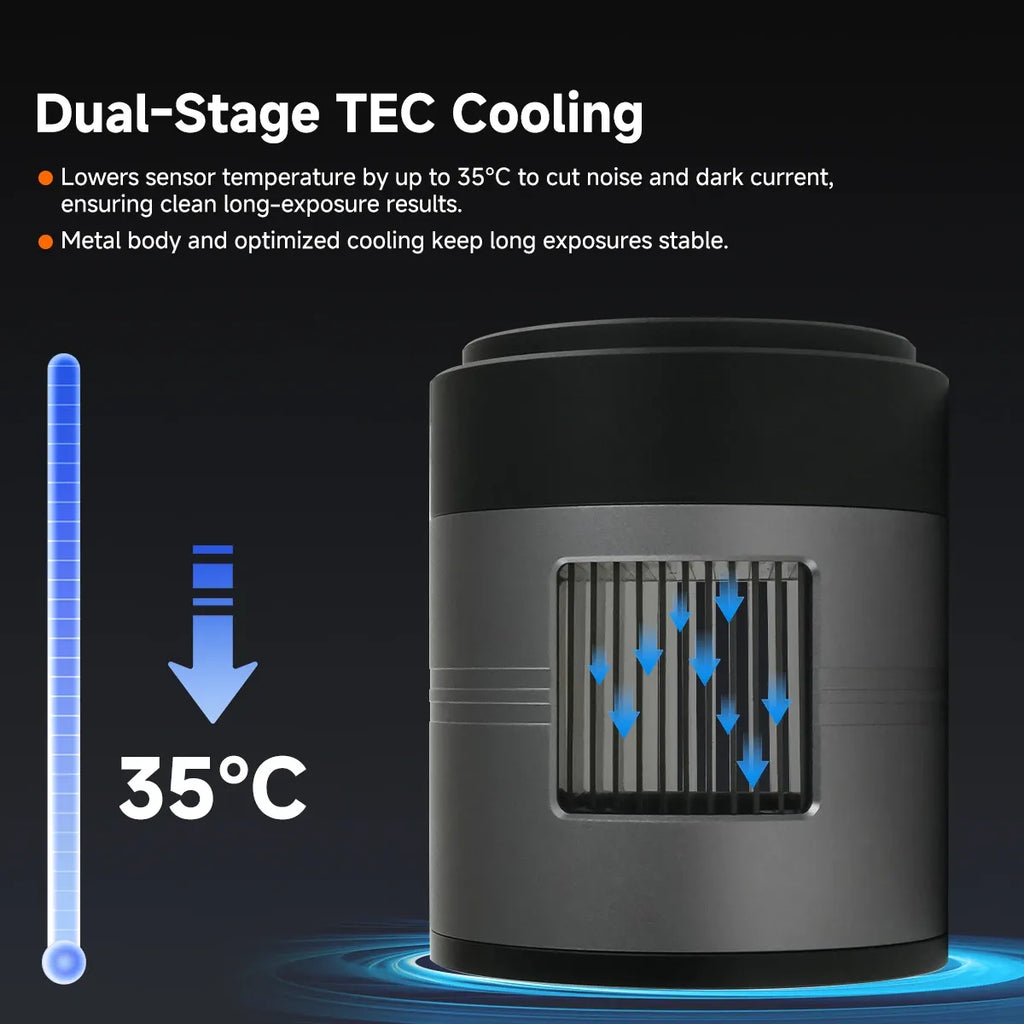 Dual-stage TEC cooling system with temperature indicator on a dark background