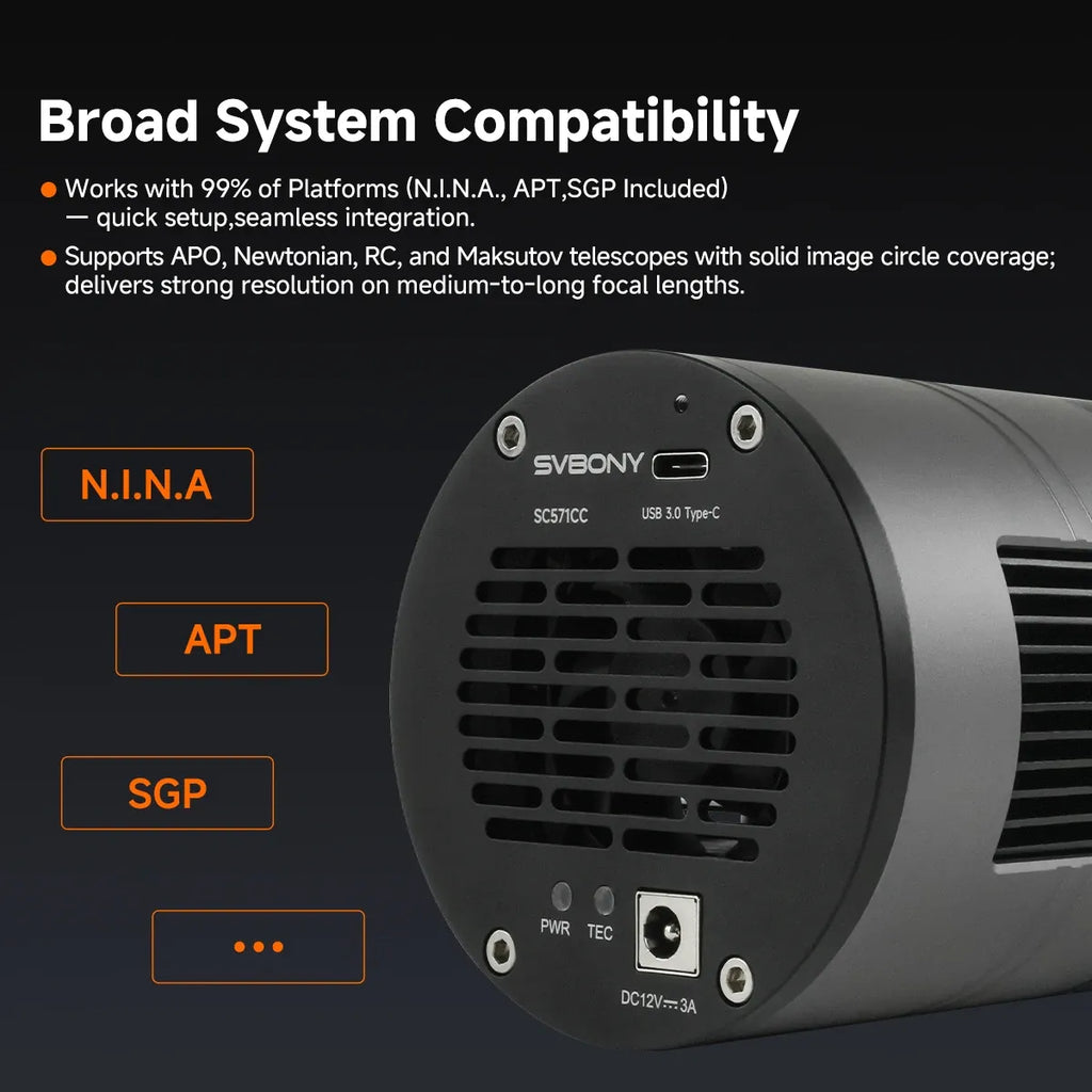 Technical product image with SVBONY branding on a black background, featuring text about system compatibility.