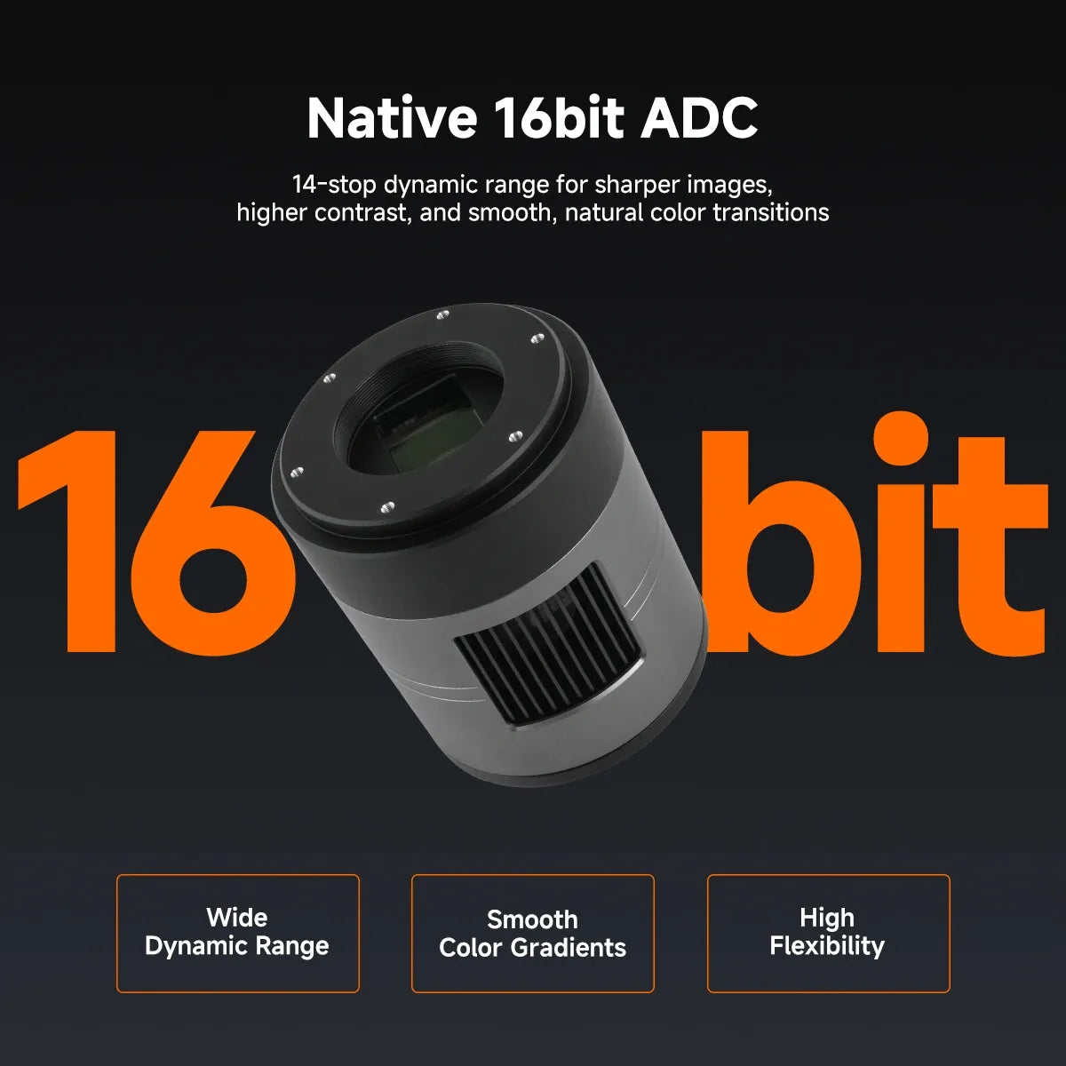 16-bit ADC component with text highlighting features on a black background