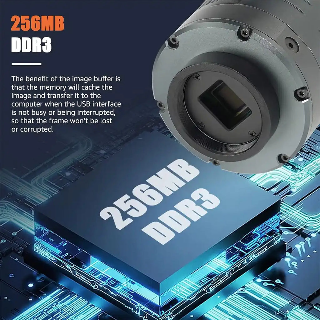 DDR3 memory chip with text explaining its benefits on a circuit board background