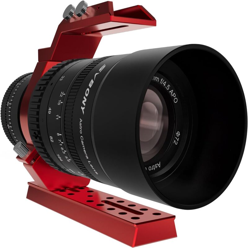 Camera lens with red metal mount on a white background