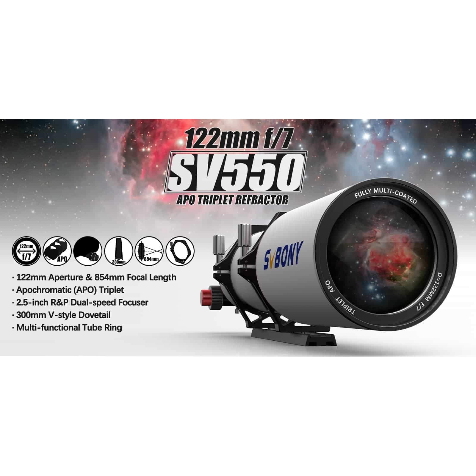 SVBONY telescope with space-themed background