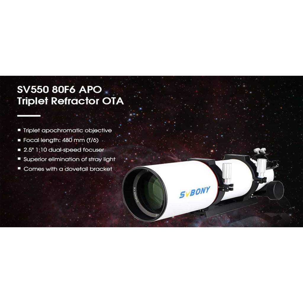 SVBONY telescope with specifications on a space-themed background