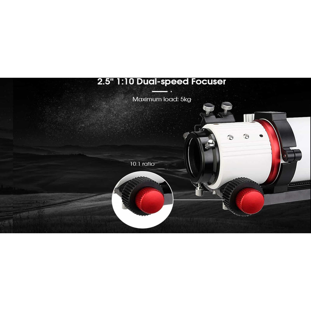 2.5" 1:10 Dual-speed Focuser with red knobs on a dark background