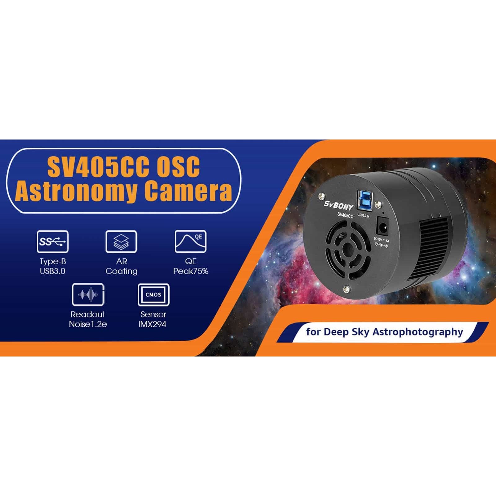SV405CC Cooled Colour OSC Camera with specifications on a space-themed background