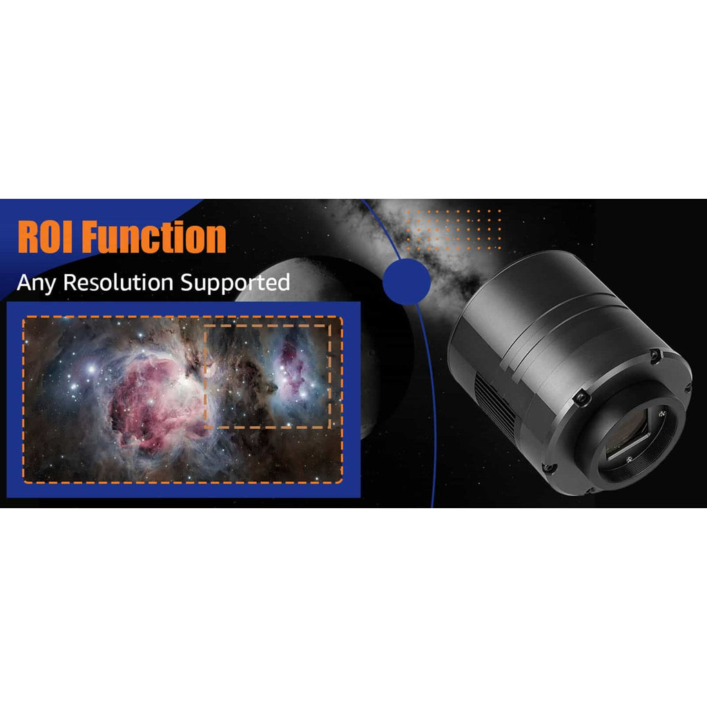 Camera lens with a starry night sky and galaxy image, highlighting ROI function.