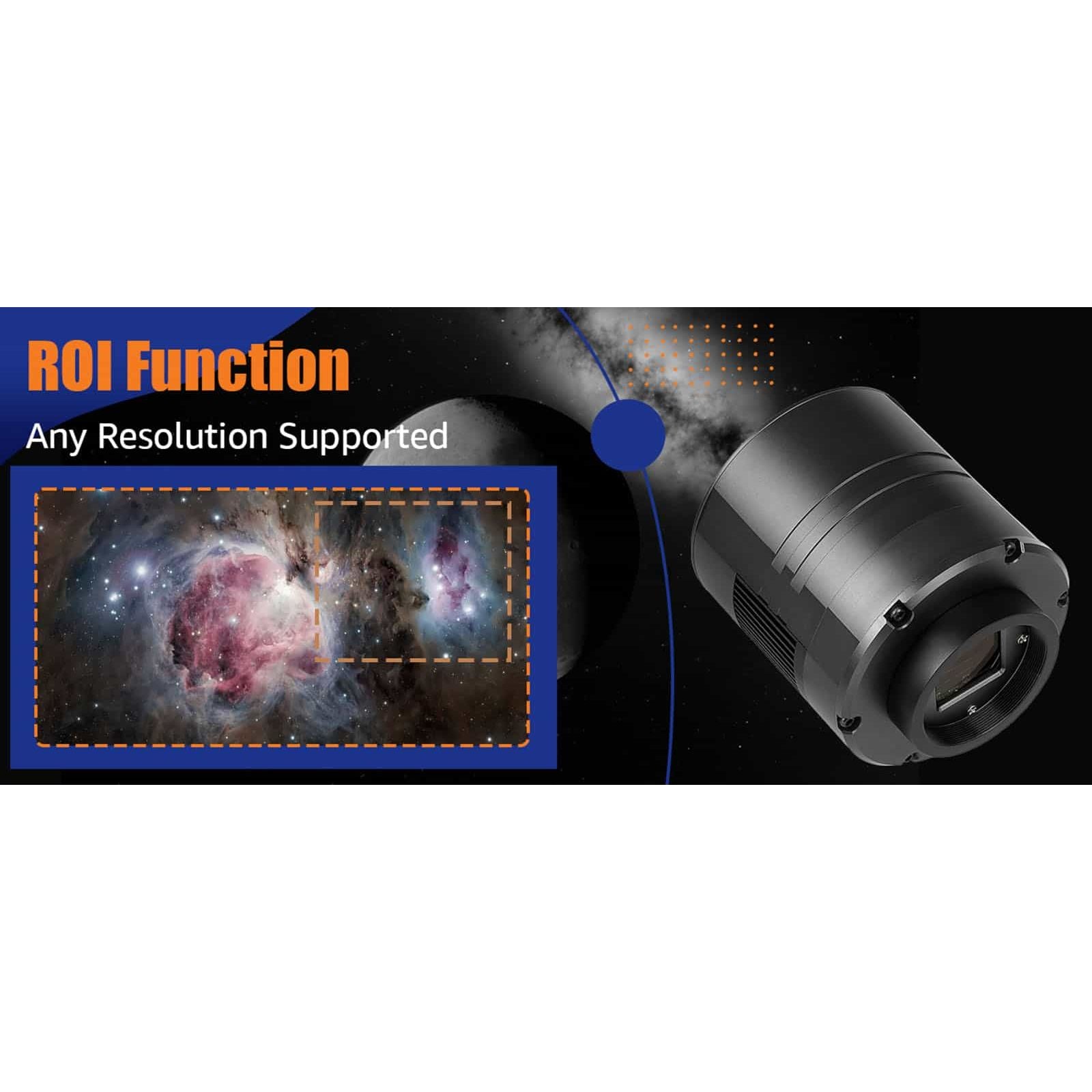 Camera lens with a starry night sky and galaxy image, highlighting ROI function.