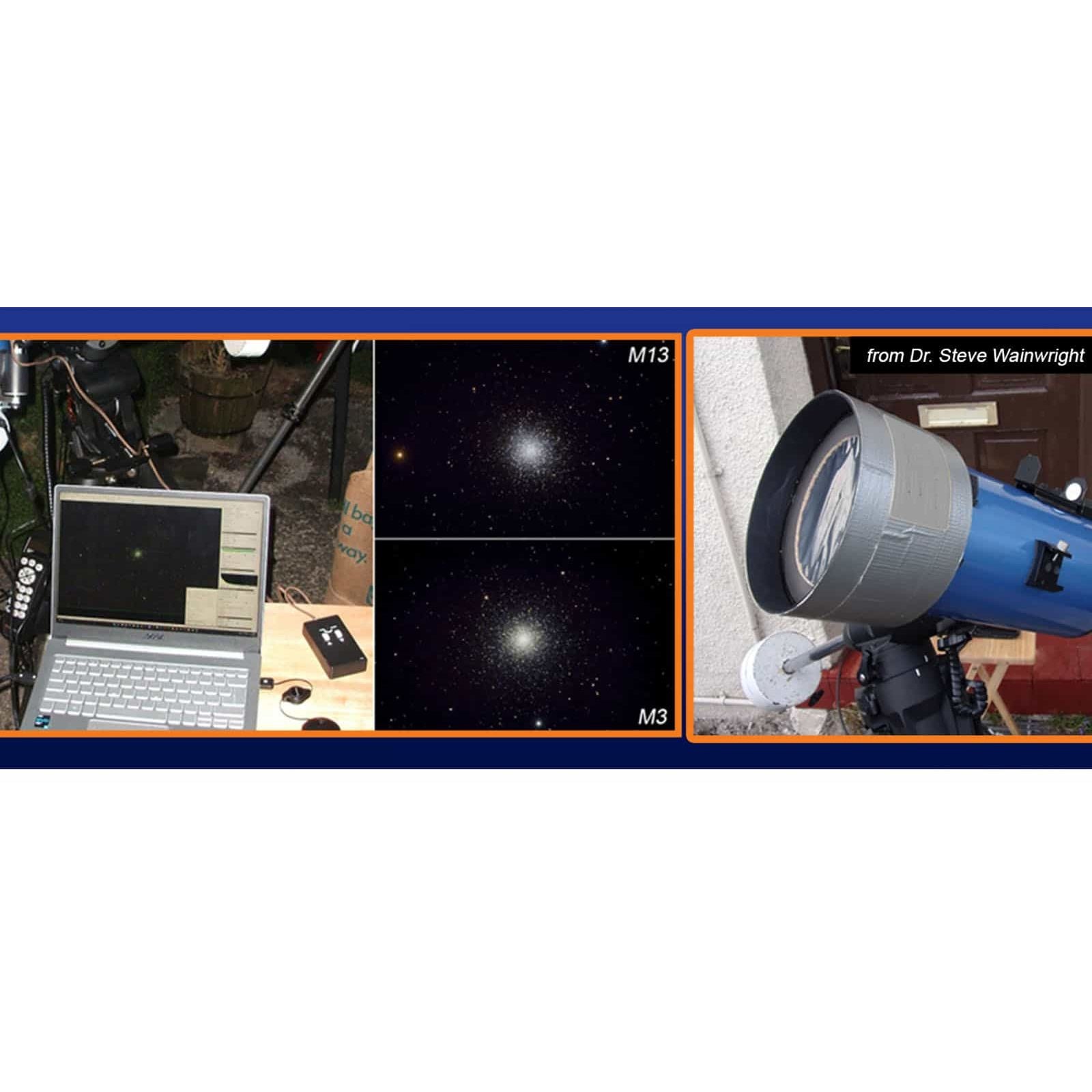 Collage of images including a laptop, a starry night sky with M13, and a telescope.