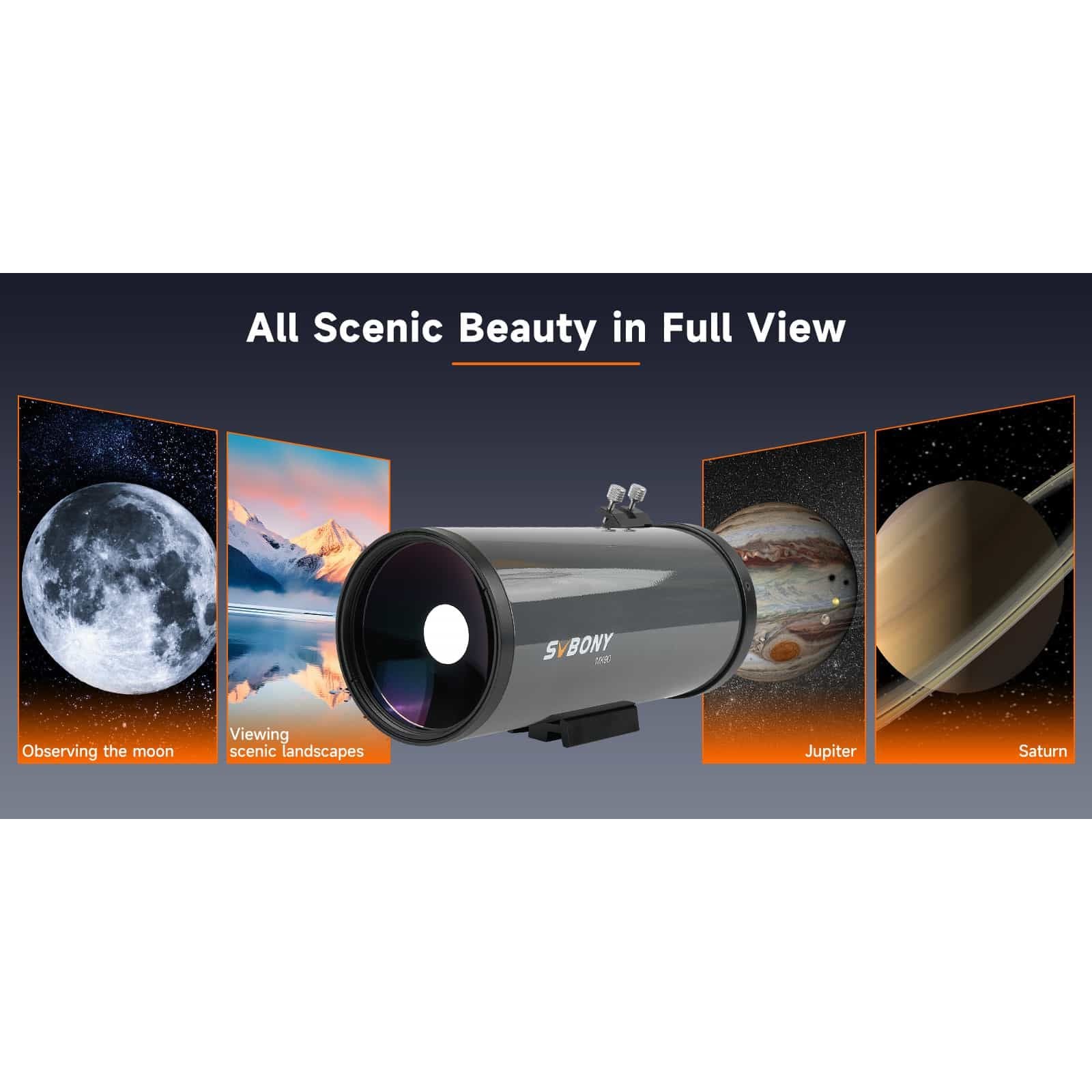 SVBONY Telescope with images of celestial objects on a dark background