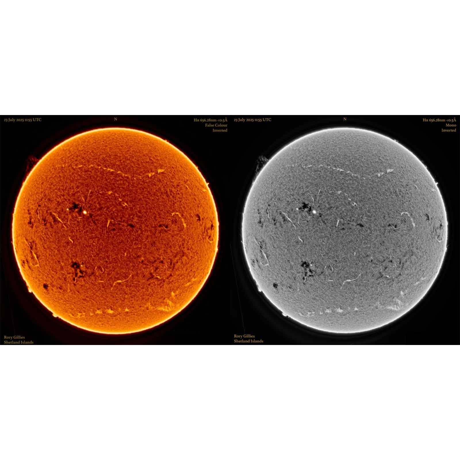 Two sun images side by side, one in color and one in black and white.