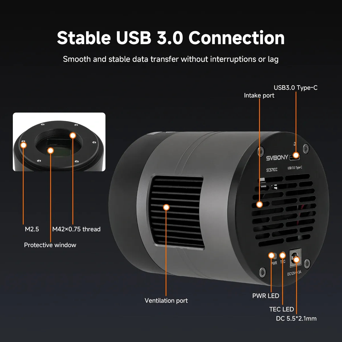 Technical diagram of a device with labeled parts on a black background