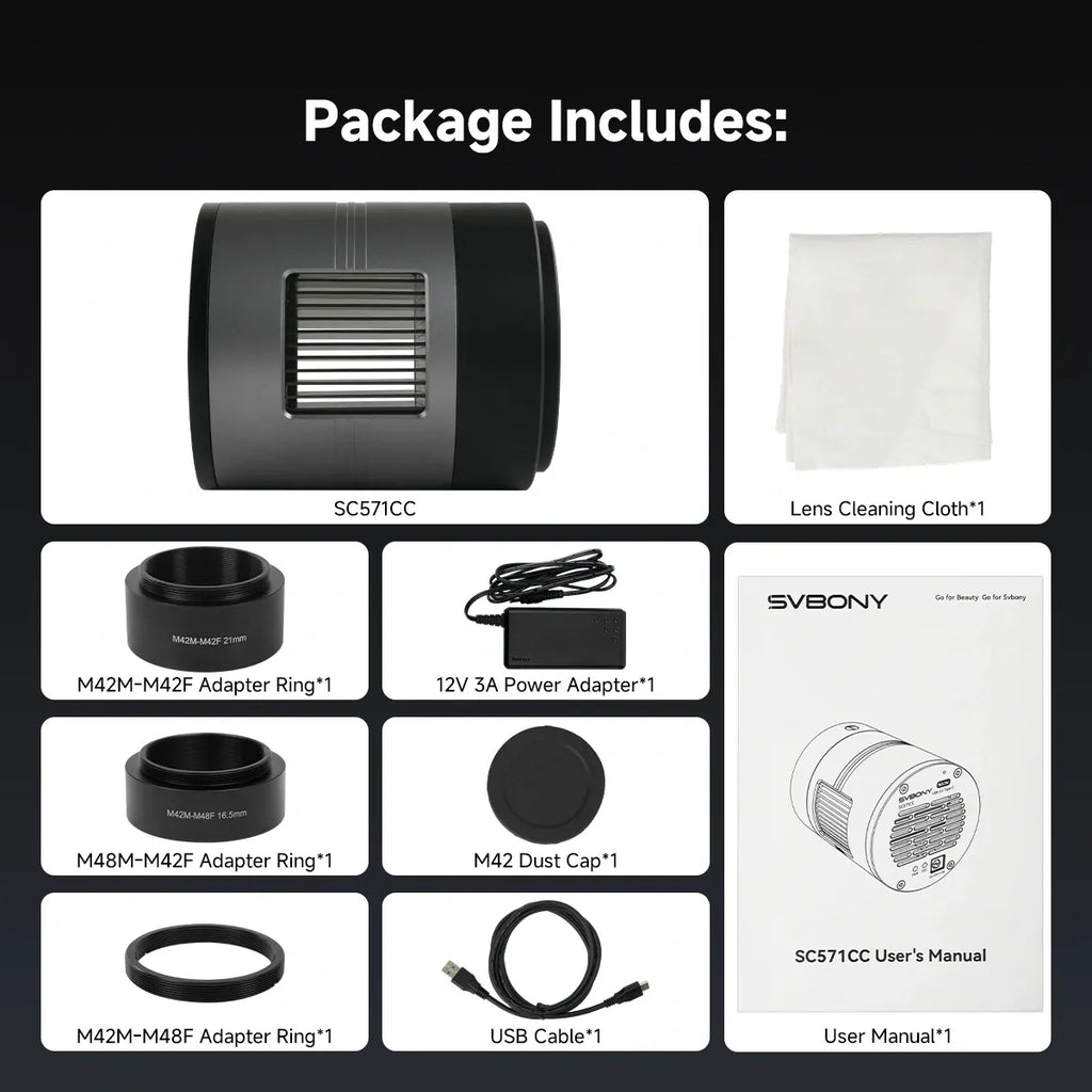 SVBONY camera lens cleaning kit with various components on a black background
