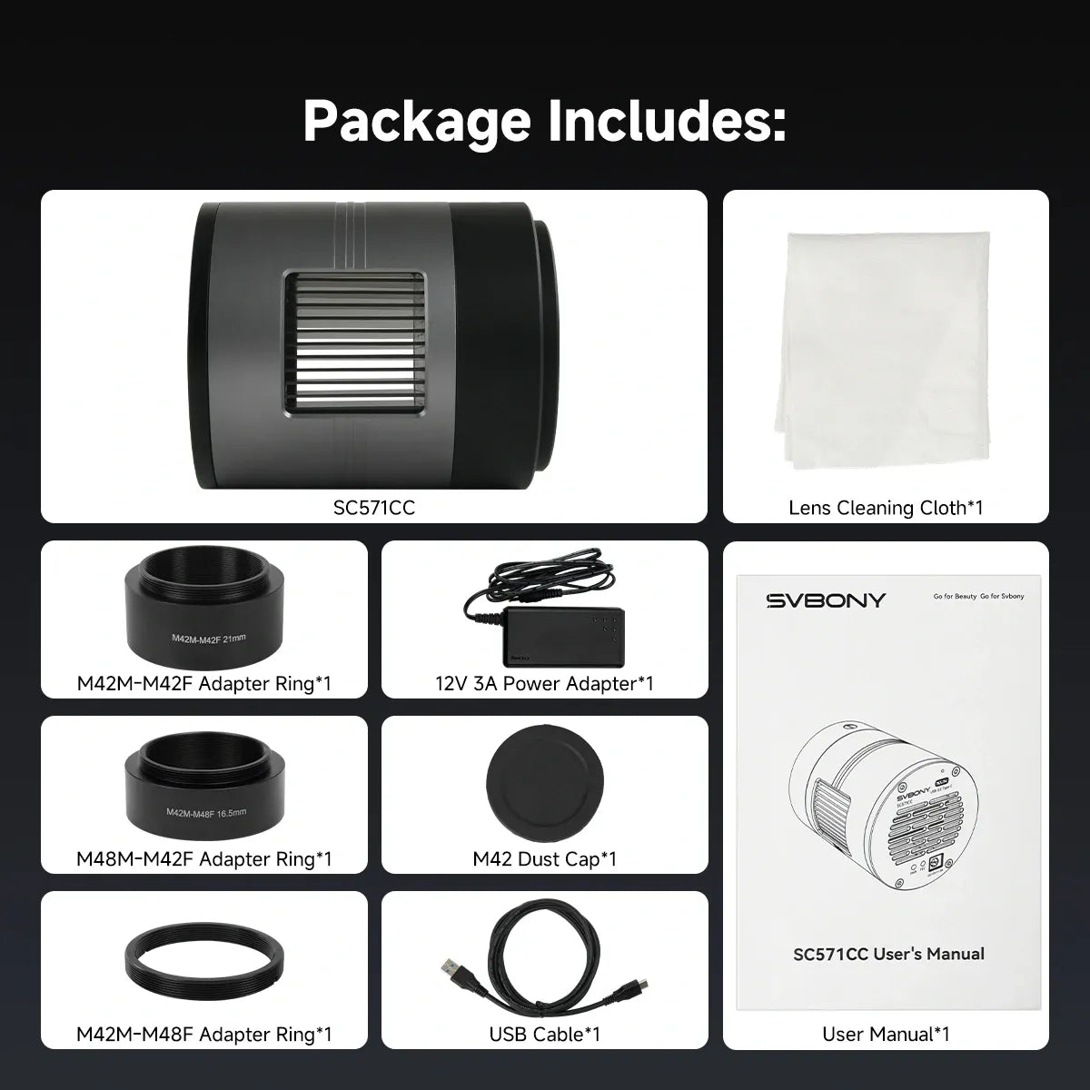 SVBONY camera lens cleaning kit with various components on a black background