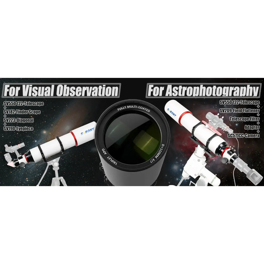 Telescope with labels for visual observation and astrophotography on a space-themed background.