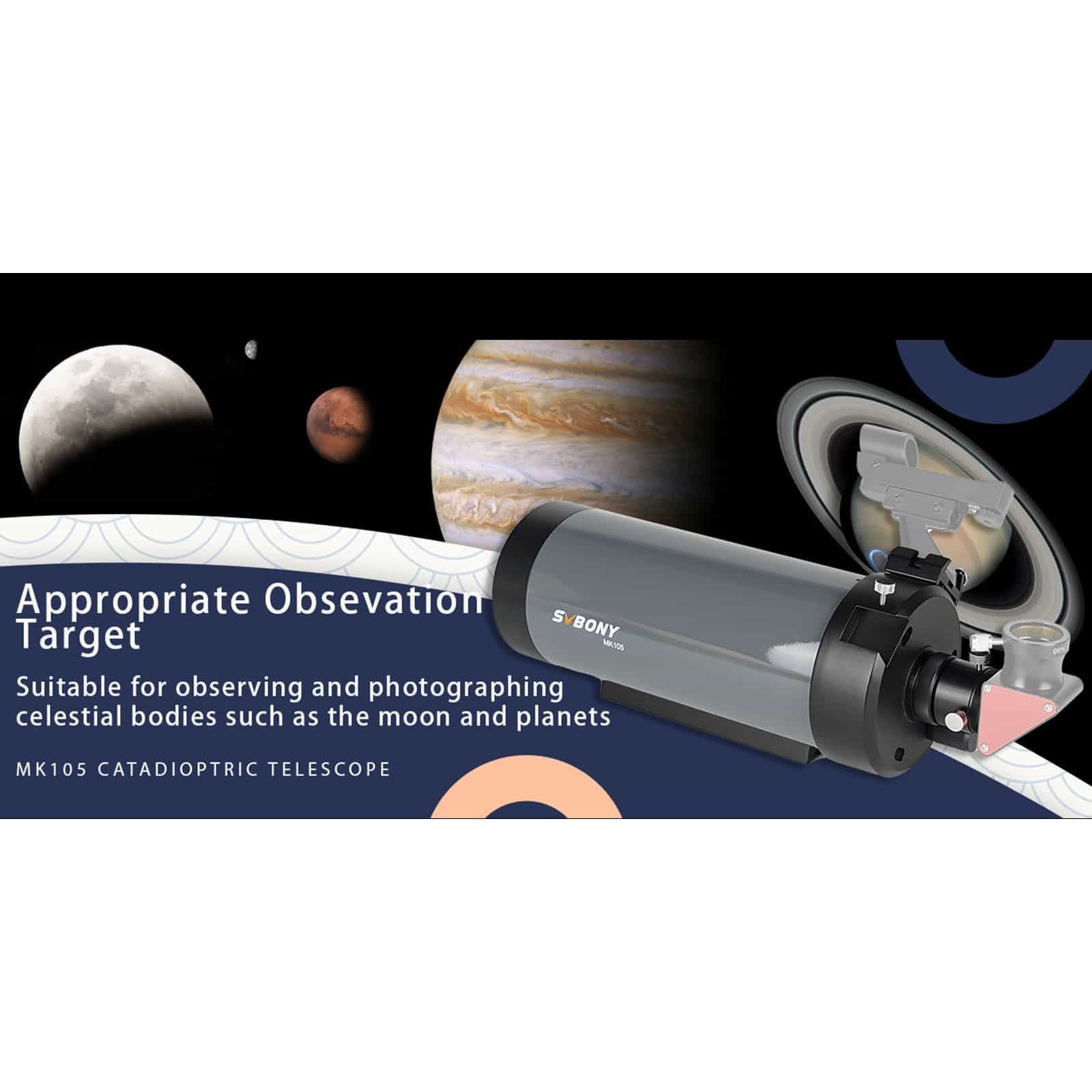SVBONY Telescope with celestial bodies in the background on a black background