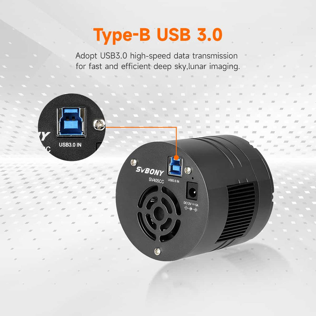 SV405CC Cooled Colour OSC Camera  with USB 3.0 connection on a white background