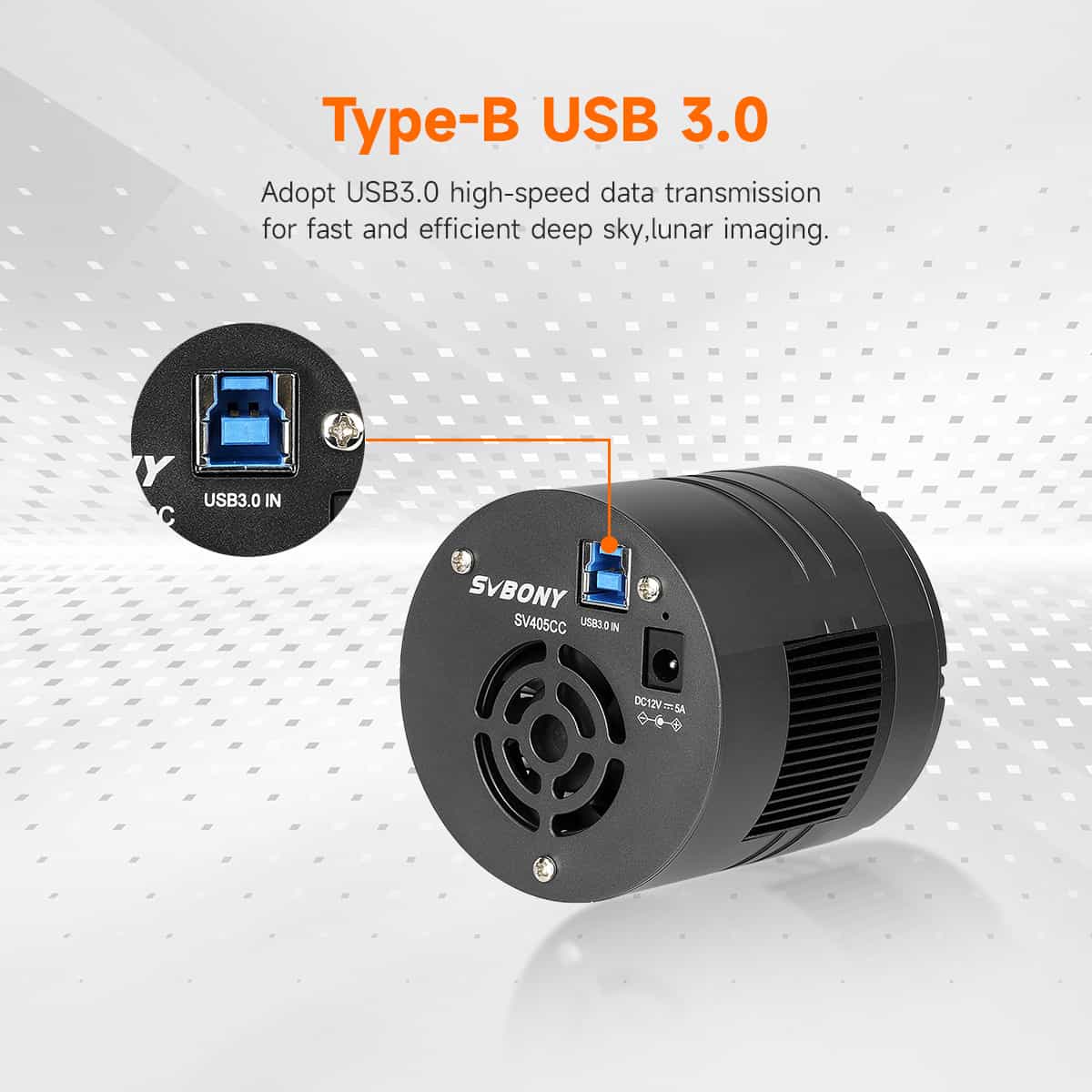 SV405CC Cooled Colour OSC Camera  with USB 3.0 connection on a white background