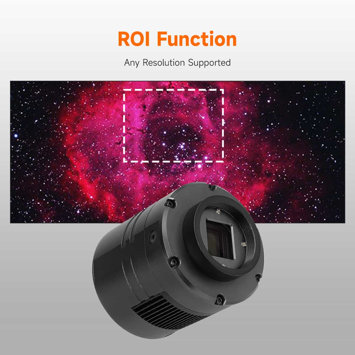 Camera lens with ROI function overlay on a space-themed background