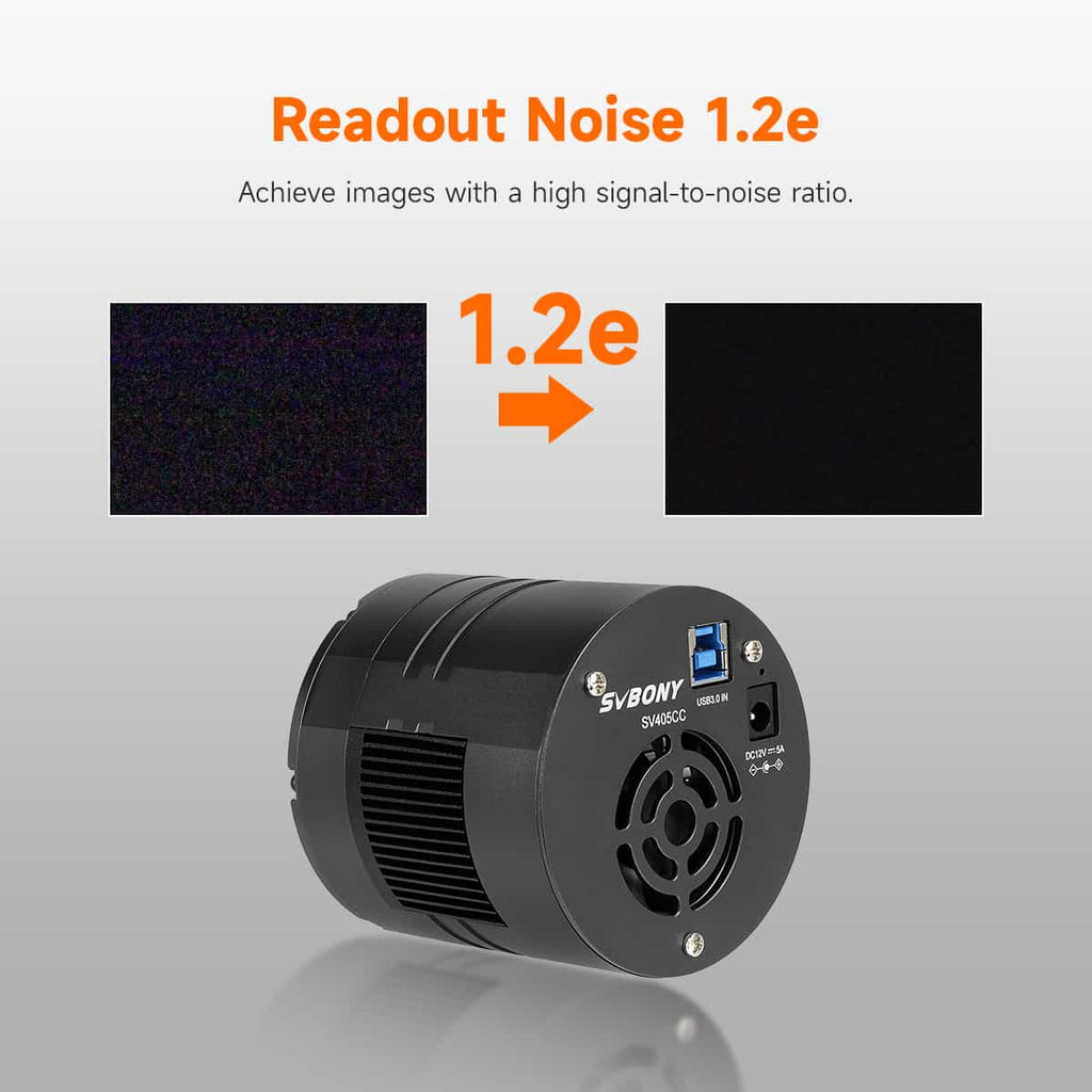 SV405CC Cooled Colour OSC Camera branding on a gray background, featuring text about readout noise 1.2e.