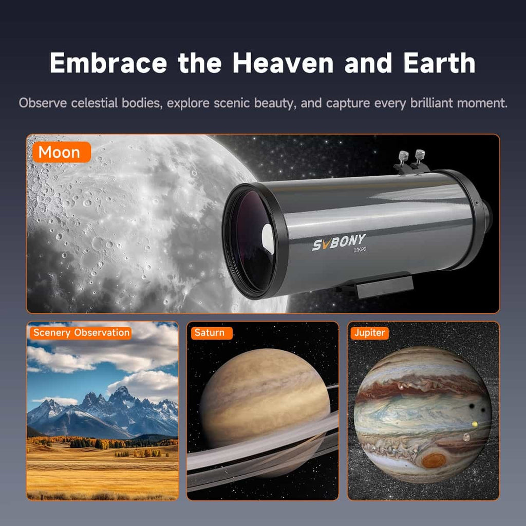 SVBONY Telescope with images of celestial bodies and scenic views on a dark background.