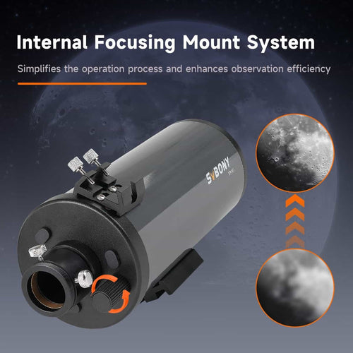 SVBONY telescope with 'Internal Focusing Mount System' text and moon images on a space-themed background