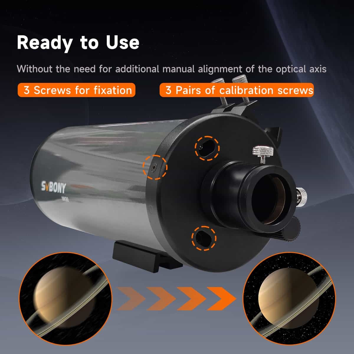 Svbony telescope with features highlighted on a space-themed background