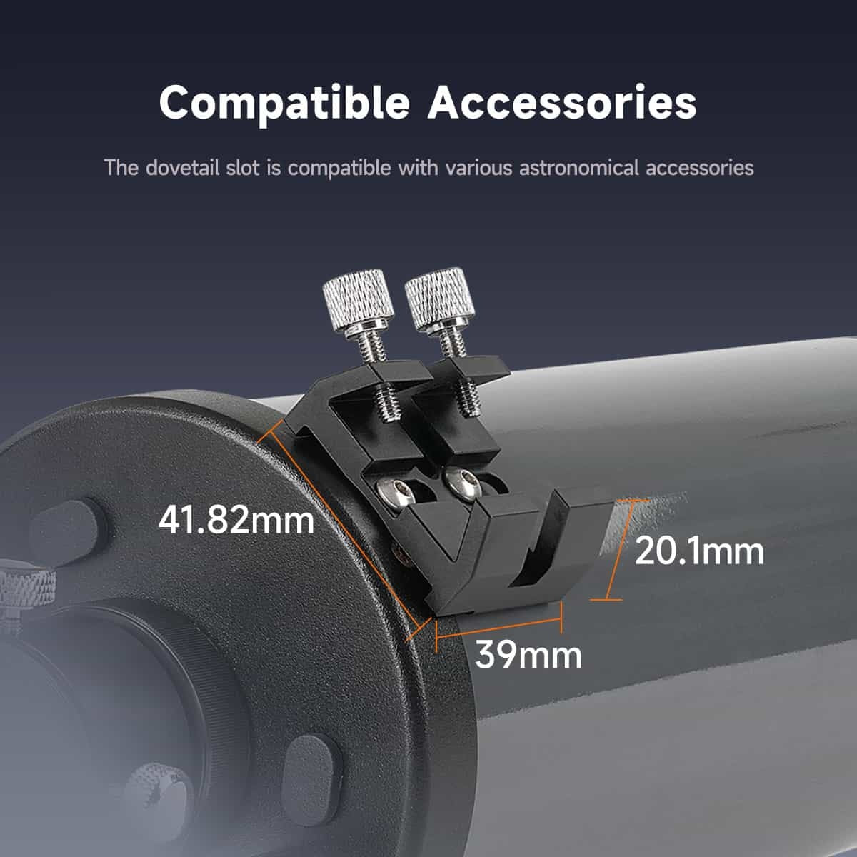 Astronomical telescope component with compatible accessories and measurements on a dark background