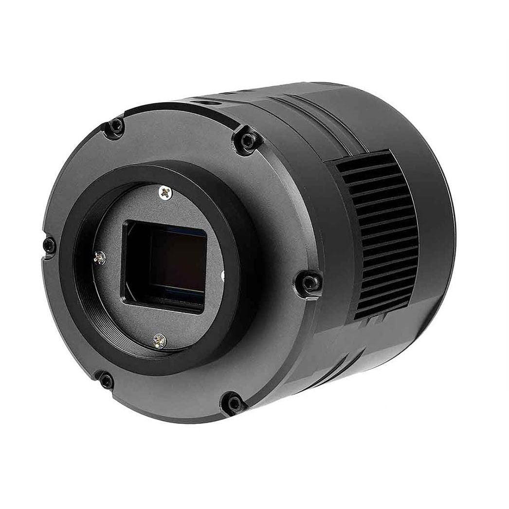 Black cylindrical camera lens on a white background